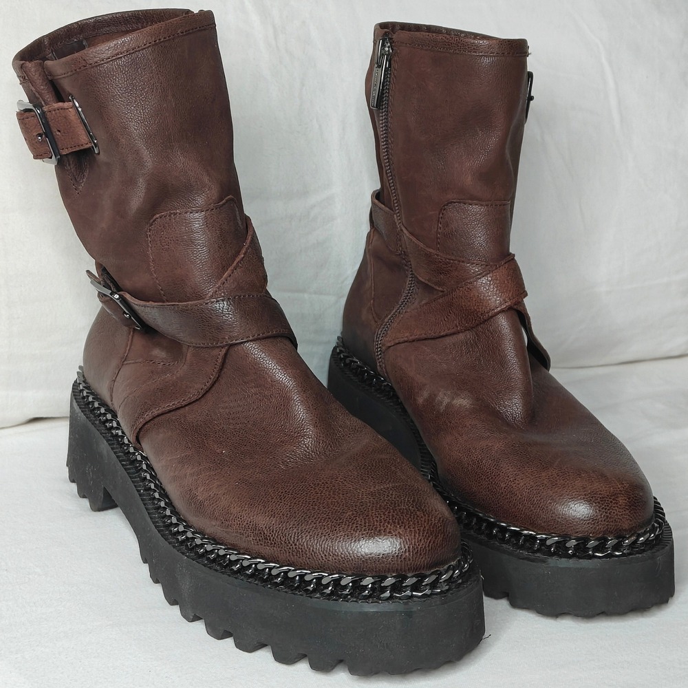 Vince Camuto Messtia Moto Boots Women 7M Brown Leather Chain Lug Sole Biker Punk